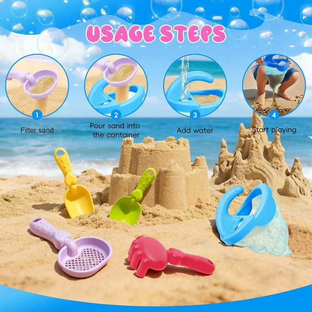 Beach Toys for Kids, Sand Spilling Funnel, Set with Shovel Rake Siftersand Spoon, Outdoor Sandbox Toys