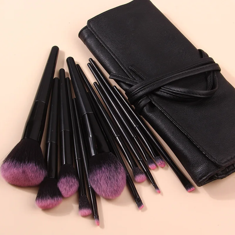 Iniciante PU Makeup Brush Set, sombra, Blush, pó, corretivo, marcador, pacote completo, 12