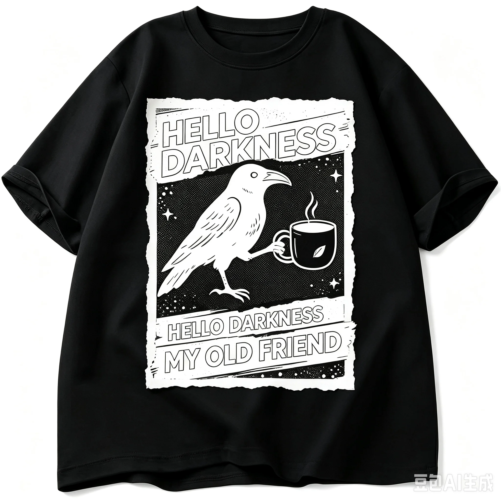 Men Retro Crow Coffee Graphic T‑Shirt Hello Darkness Slogan Short Sleeve Cotton Tee Casual Street Fashion Tops