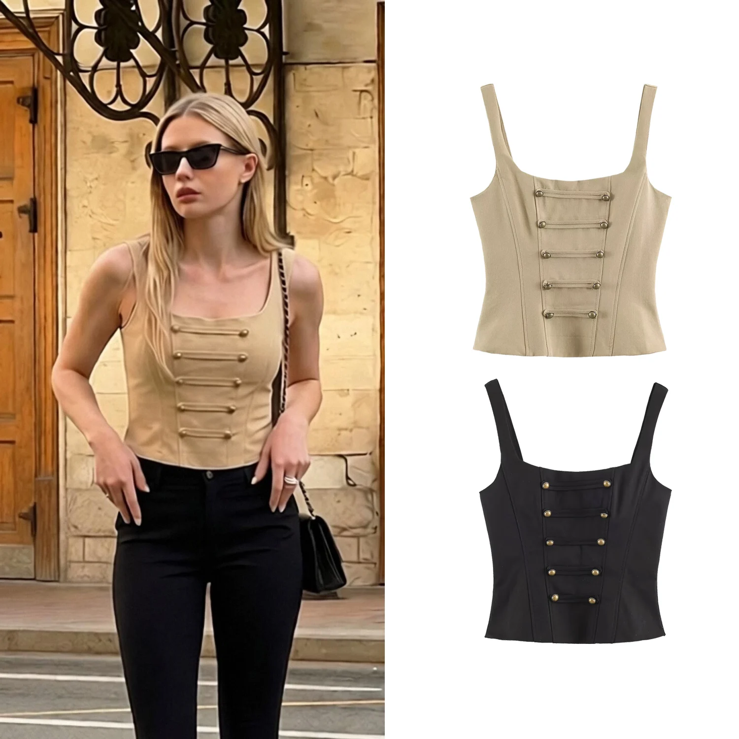 Women Trendy Sexy Sling Tank Tops Summer Female Vintage Buttons Slim Camisole Lady High Street Chic Tight Vest Tops