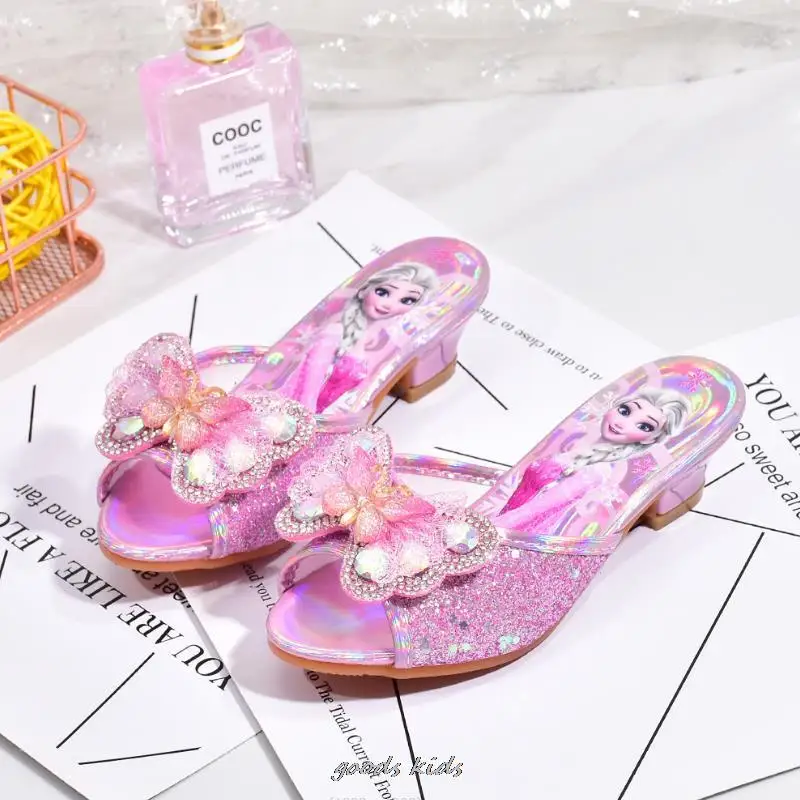 Disney Girls Summer Sandals Slipper Sequined Princesse Children High Heel Party Dress Elsa Shoes Leather Slipper For Girls Gift