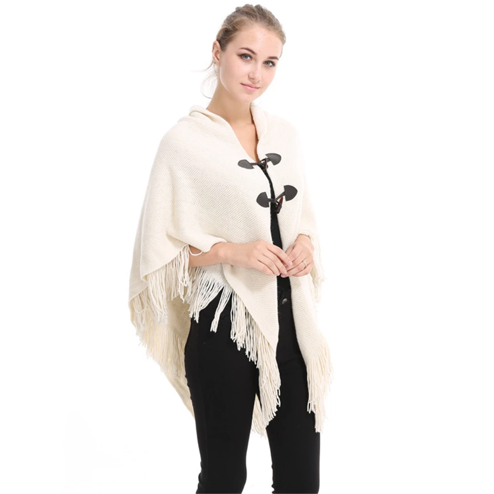 

Women Spring Autumn Shawl Lady Knitted Tassel Wrap Solid Color Cardigan Loose Horn Buttons Sweater Fall Winter Poncho Wholesale