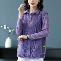 High End 2023 Autumn New Wool Sweater Women Fashion All-match Knit Vest Cardigan Lace Shirt Two-piece Sets Mother Sweater Vests