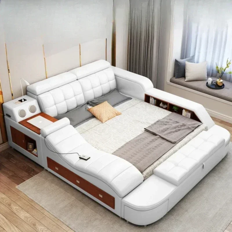 

Queen Size Bedroom Double Bed Modular Storage Master Multifunctional Modern Bed Design Luxury White Wood Cama Casal Furniture