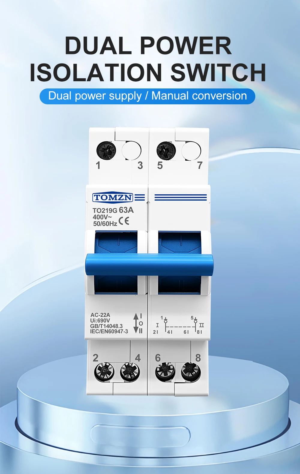 TOMZN 2P 63A MTS Manueller Doppelstrom-Umschalter mit Verriegelung und Leistungsschalter – Detail 1