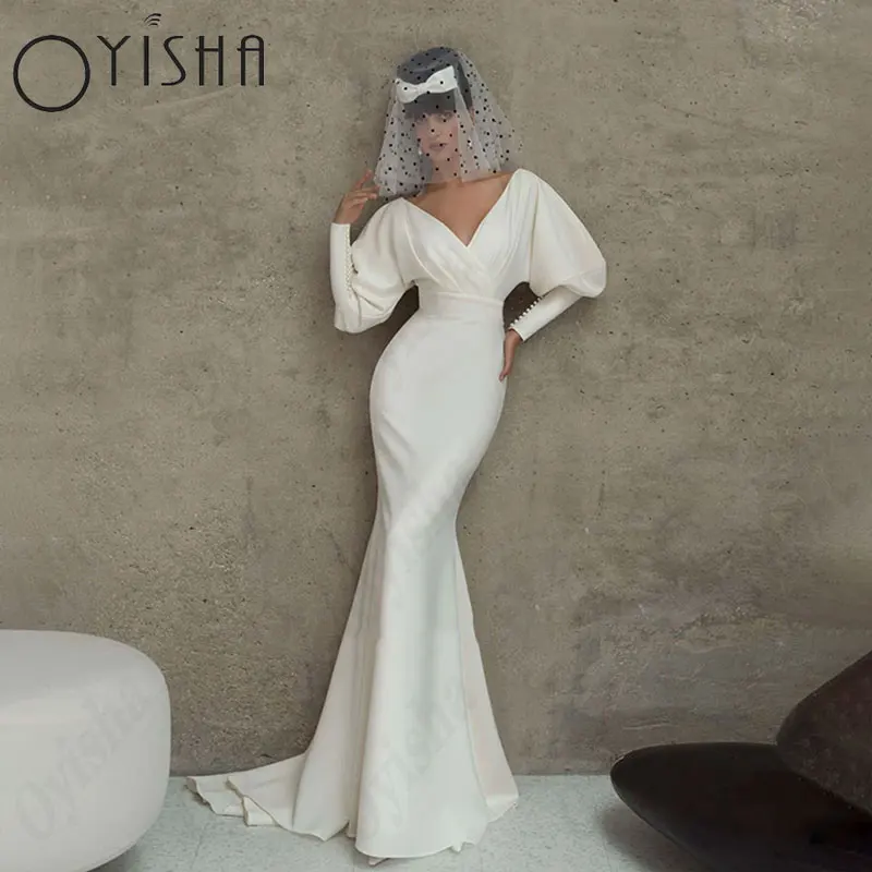 

OYISHA Mermaid V-Neck Wedding Dresses Simple Lantern Sleeves Satin Bridal Gowns Sexy Backless Elegant Luxury Vestido De Mariages