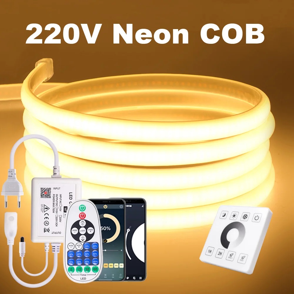 

Dimmable COB LED Neon Strip Light 220V Wifi Bluetooth Wall Touch 23key Remote Control Power Kit 220V 288 LEDs Flex Rope Lights