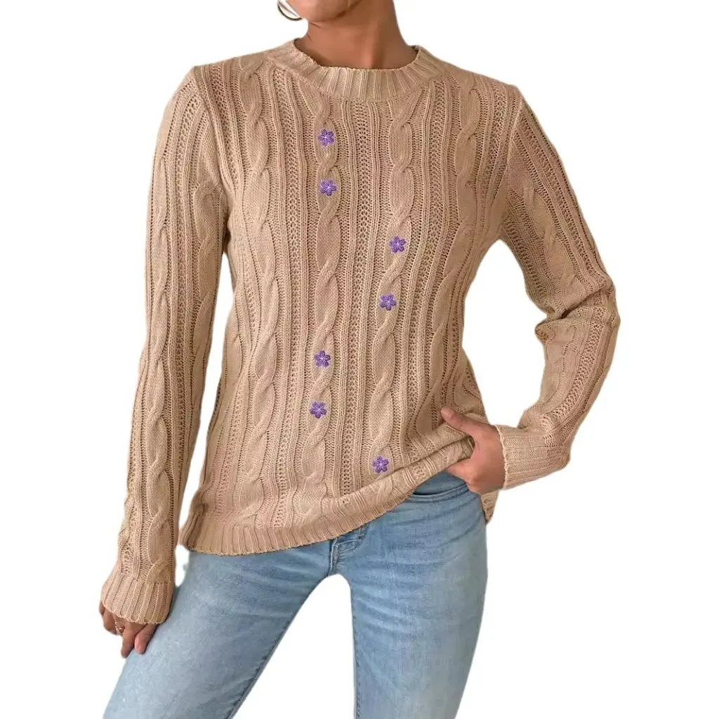 

Women's round Neck Pullover Sweater Embroidered Flower Sticker Machine-Knitted Autumn Winter Base Shirt European American Style