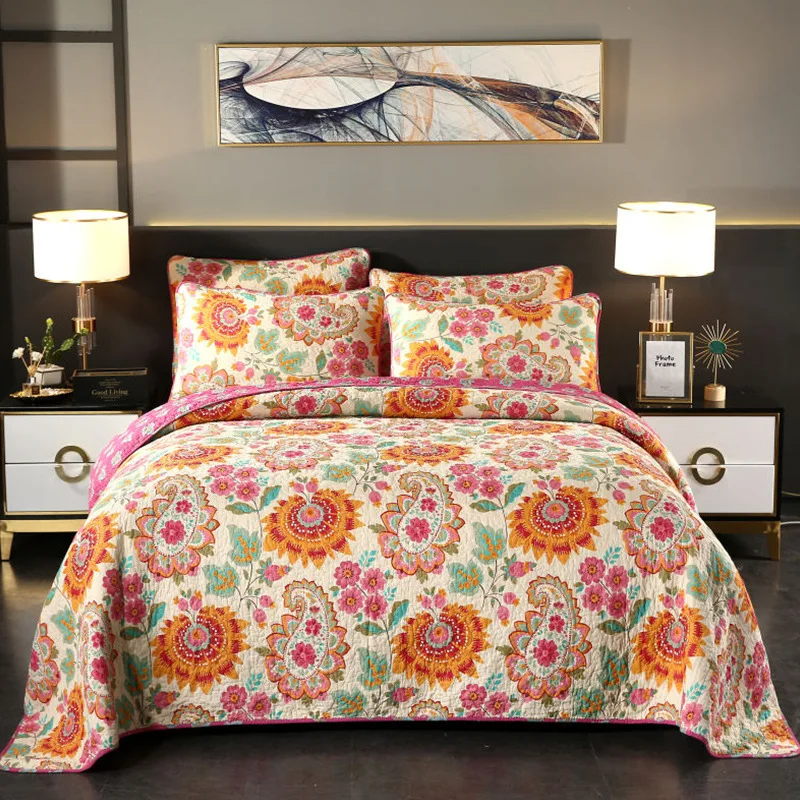 Soft Washed 100% Cotton Quilt Set, 3pcs/2pcs Floral Printed Summer Coverlet &Comforter, Lightweight Bedspread for Home Decor