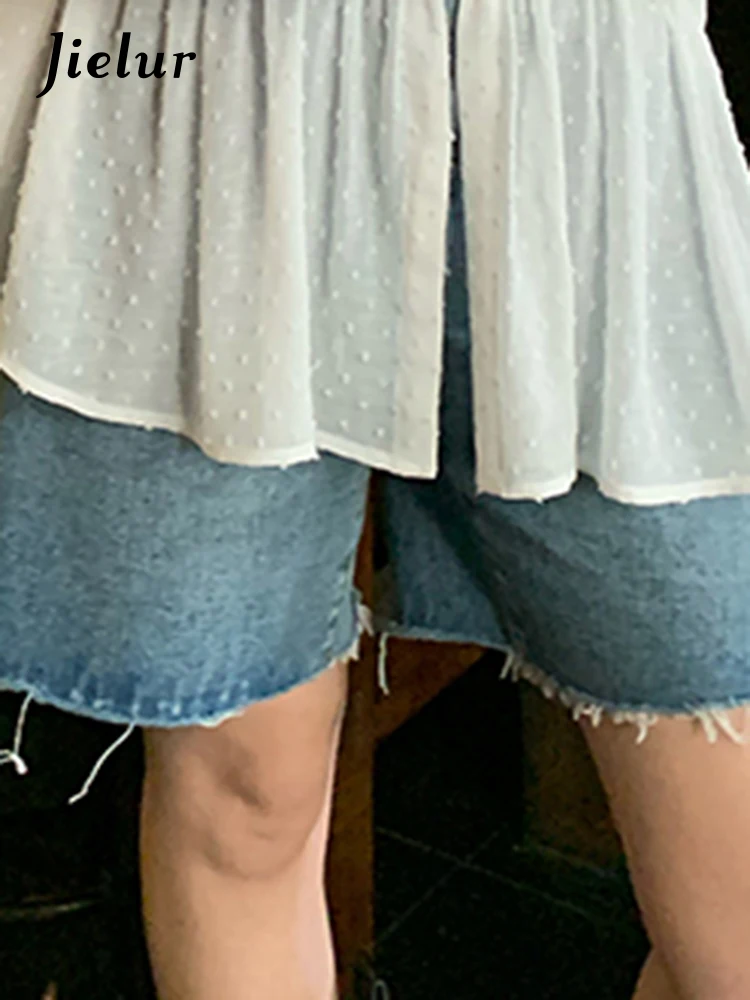 Jielur شورت أزرق عالي الخصر صيفي نسائي من قماش الدنيم سروال قصير فضفاض للنساء بألوان سادة ملابس شارع بسيطة #6