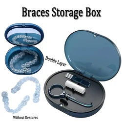 1Set Orthodontic Retainer Braces Storage Box with Brush Hook Chew Stick Two Layers of Large Capacity Waterproof Breath Soaking