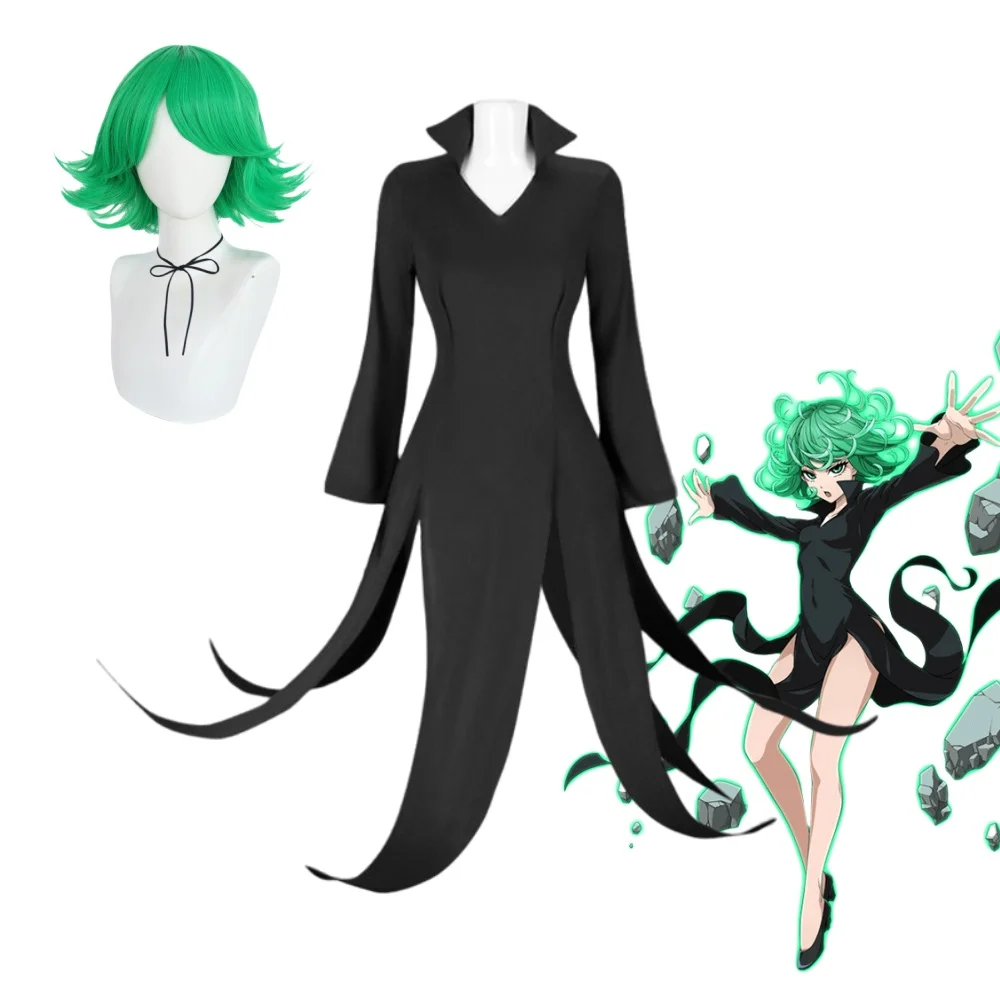 

One Punch Man Tornado of Terror Senritsu No Tatsumaki Cosplay Costume Wig Black Dress Women Girl Outfit Halloween Adult Set