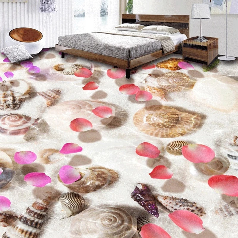 Custom 3D Photo Beach Shells Water Petals Bathroom Living Room Bedroom Floor Sticker Self Adhesive Wallpaper Mural Waterproof 8d