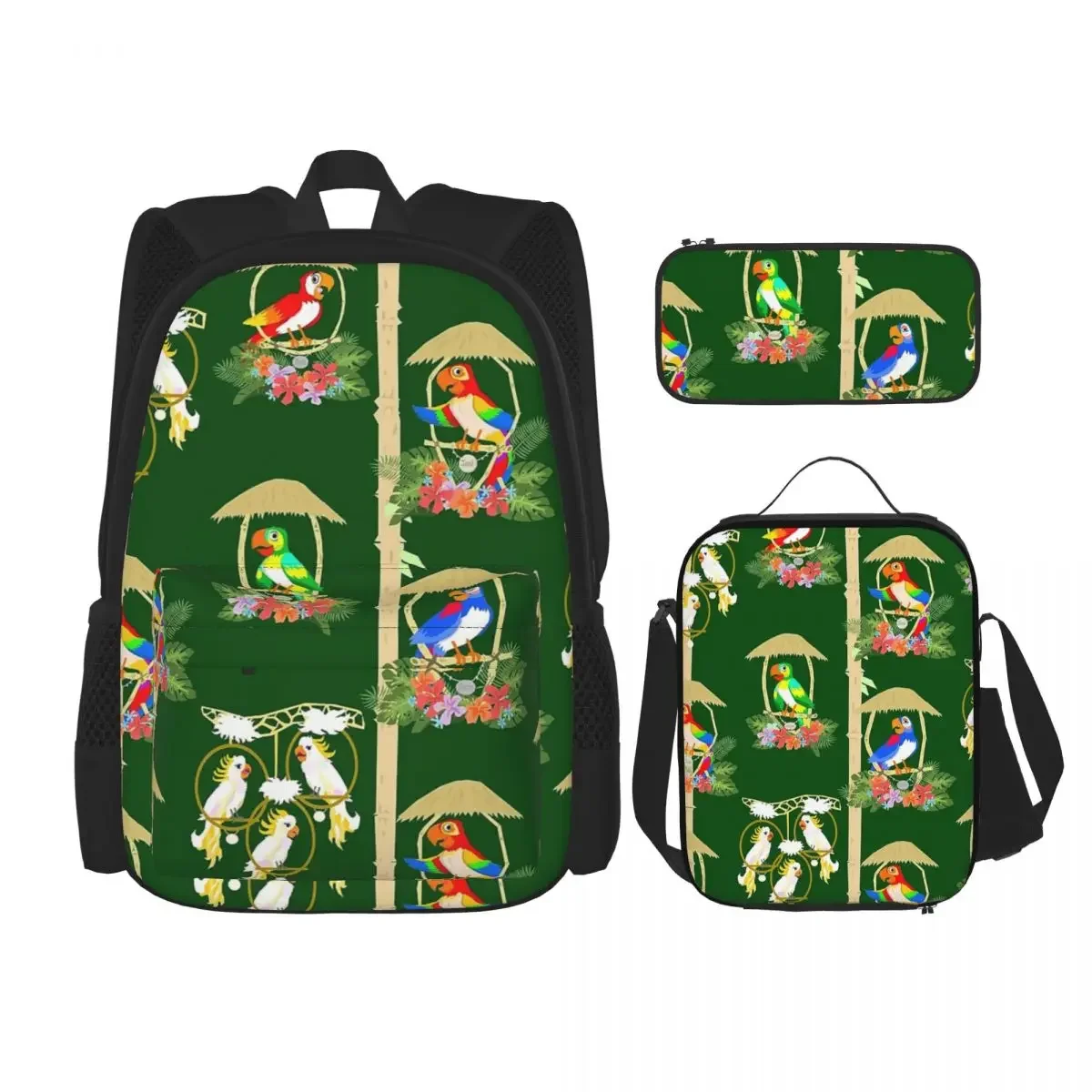 Tiki Room Birds Backpacks Boys Girls Bookbag Students School Bags Cartoon Kids Rucksack Lunch Bag Pen Bag Three-Piece Set