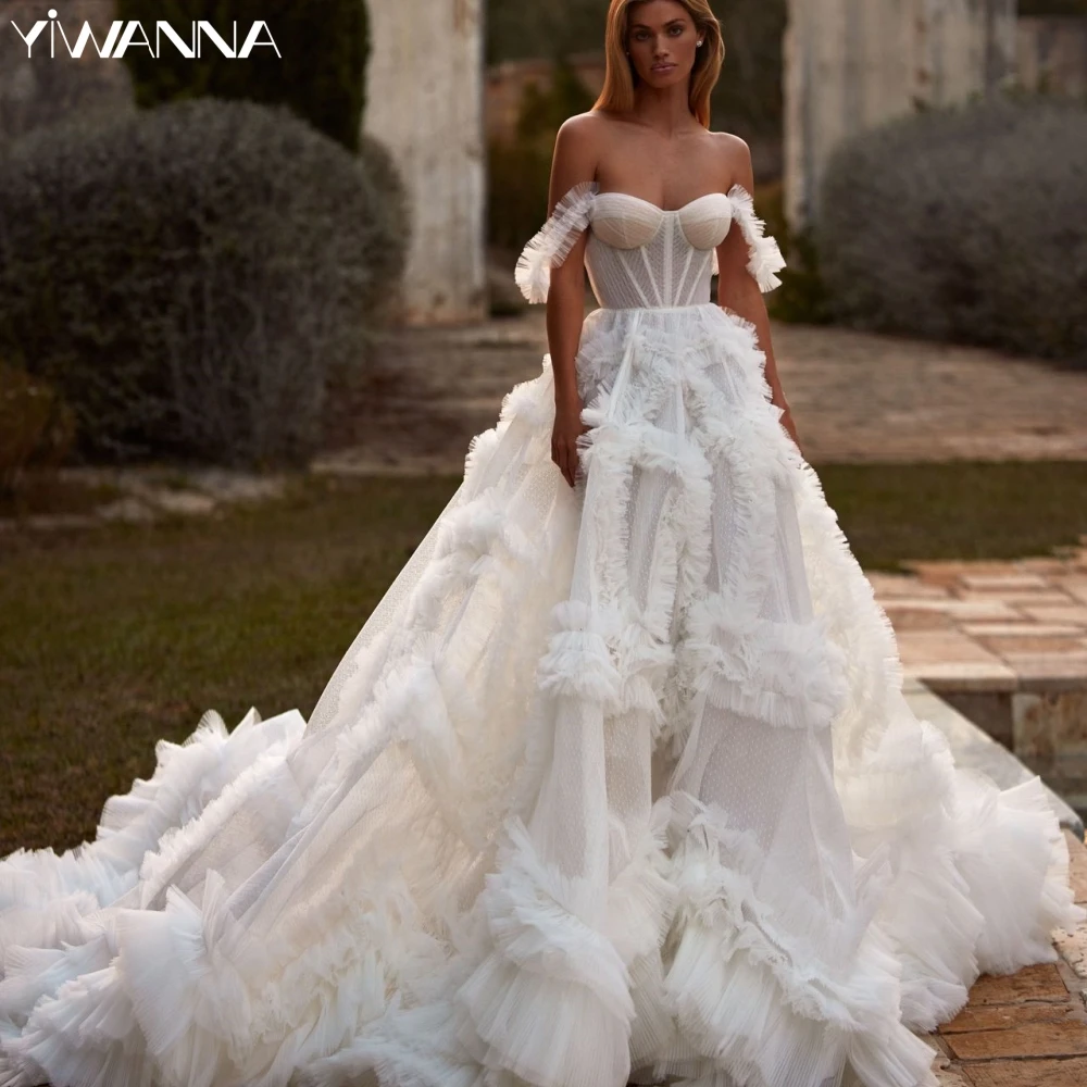 Vestido De novia romántico con escote corazón, bata De novia plisada con volantes personalizados, vestido De novia línea A con hombros descubiertos, bata De boda