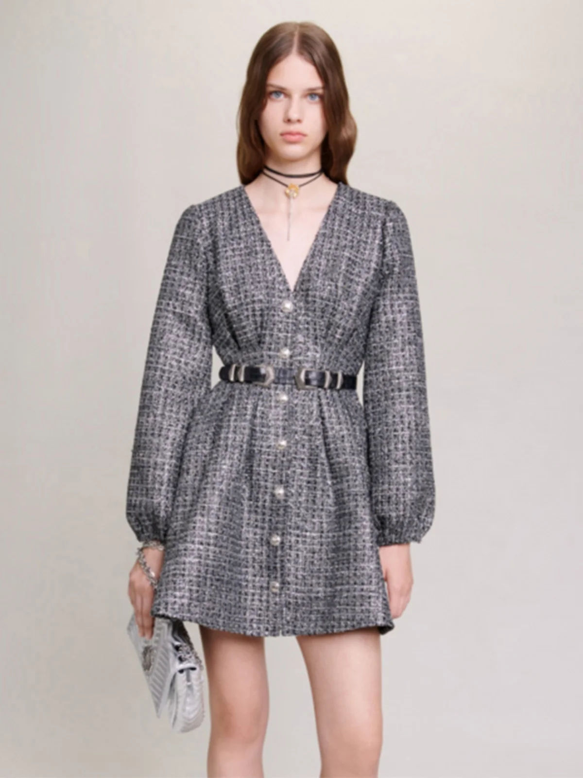 

Ele Sequin V-ne Long Sve Waist-cinched Dr Faionable Autumn Winter New Arrival M-home RO03226 High Waist A-line ...