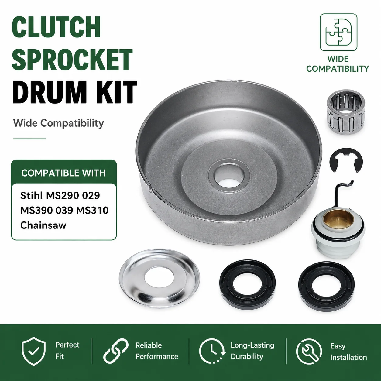 3/8" 7T Clutch Sprocket Drum Kit w/ E-Clip Washer Bearing Oil Seal Worm Gear For Stihl MS290 029 MS390 039 MS310 Chainsaw Part