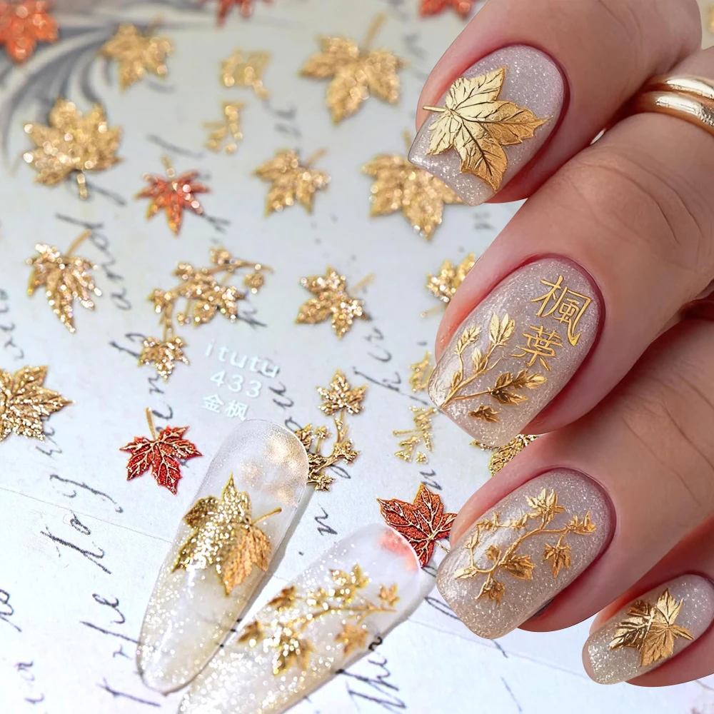 Herbstgold-Rote Ahornblatt-Nagelaufkleber 5D Geprägte Herbstthemen-Sticker Selbstklebende Zarte Maniküre-Accessoires für die Saison – Detail 5