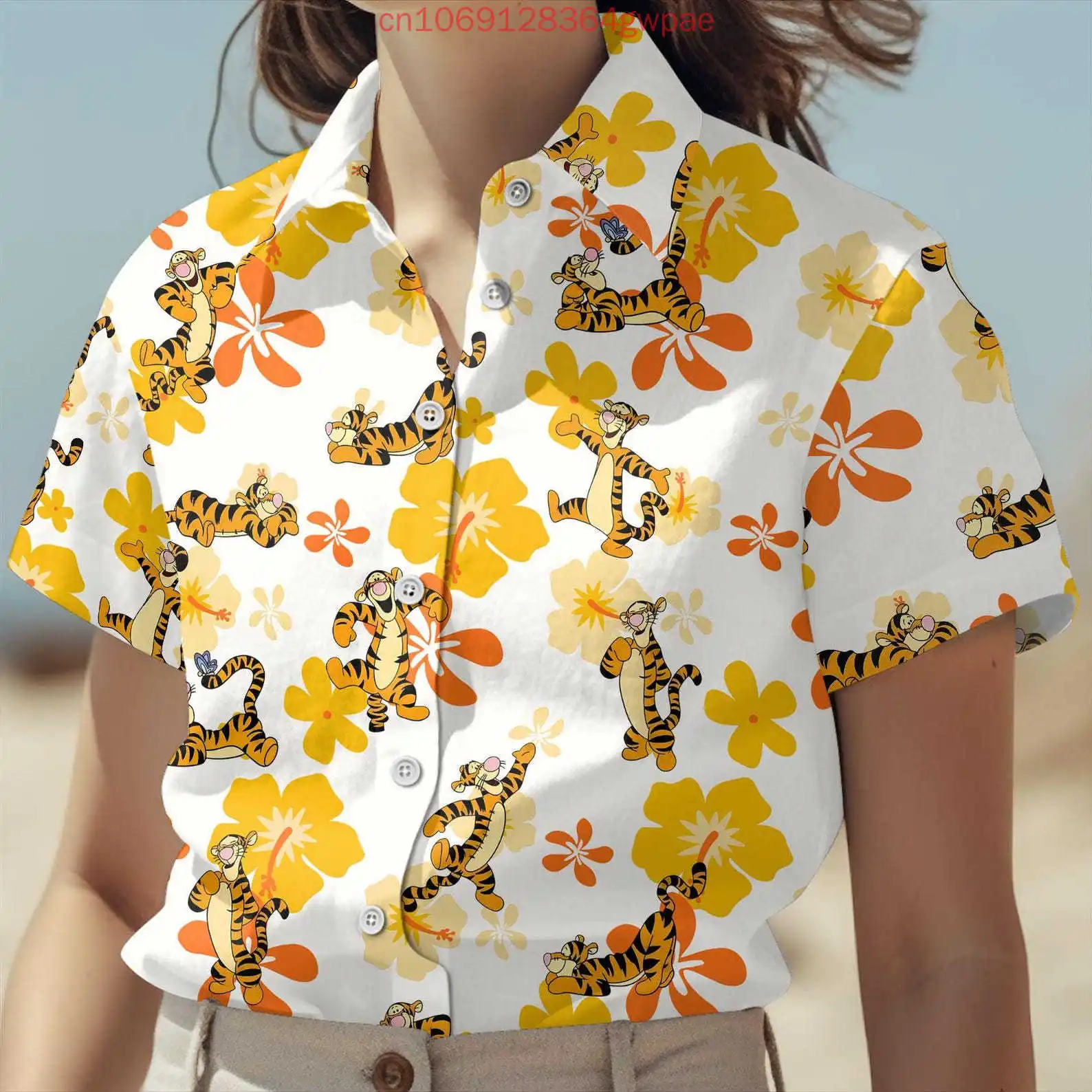 

Winnie the Pooh Tigger Women's Shirt Casual Short Sleeve Hawaiian Shirt Tops Disney Cartoon Summer Fashion Holiday Beach Shirt
