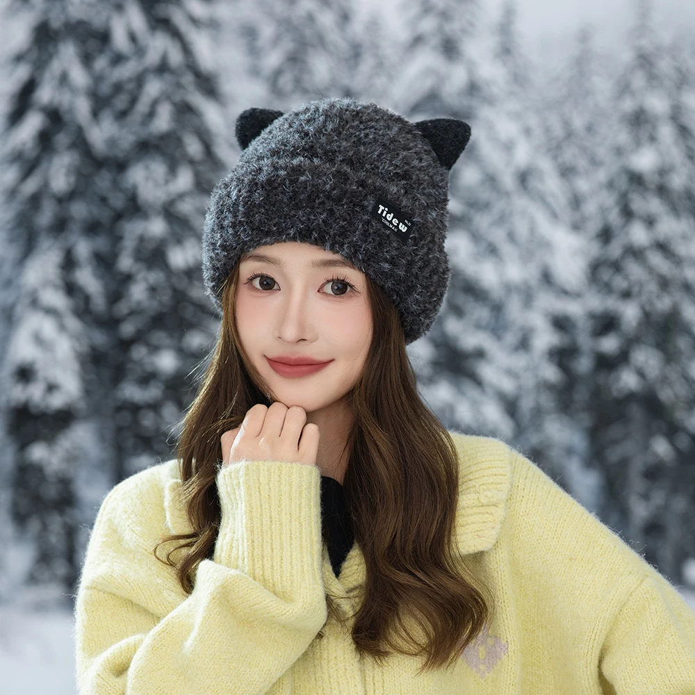

Female Winter Hats Thickened Beanie Fleece-Lined Cat Ear Knitted Hat Warm Ear Protection Face Cover Cold Protection Caps
