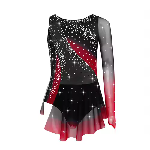 Kids Girls Figure Skating Rhythmic Gymnastics Leotard Dress Asymmetrical Split Shiny Rhinestones Contrast Color Dress Ballerina - Image 21