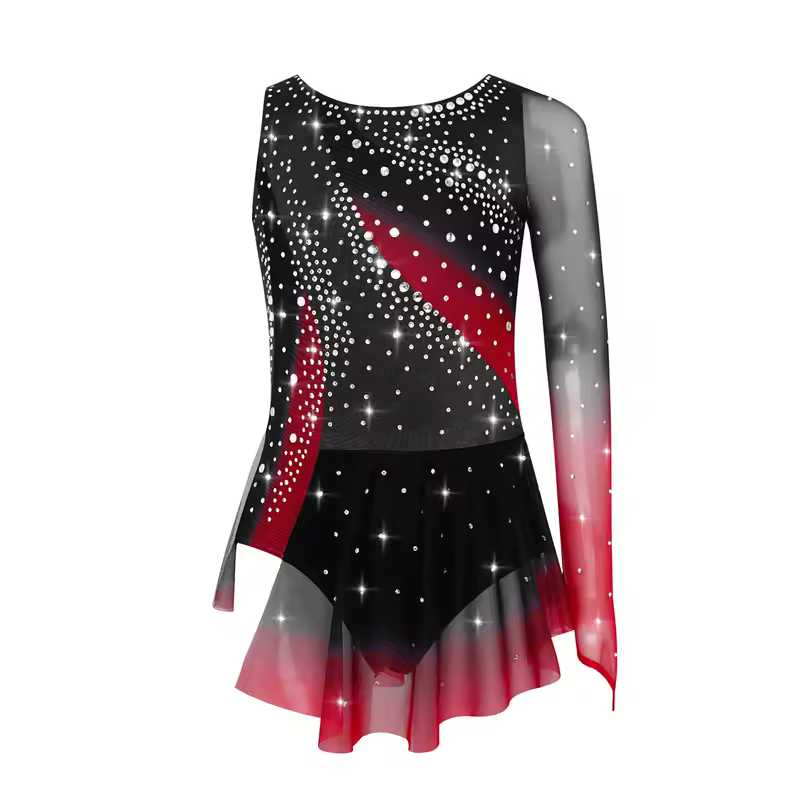 Kids Girls Figure Skating Rhythmic Gymnastics Leotard Dress Asymmetrical Split Shiny Rhinestones Contrast Color Dress Ballerina - Image 21