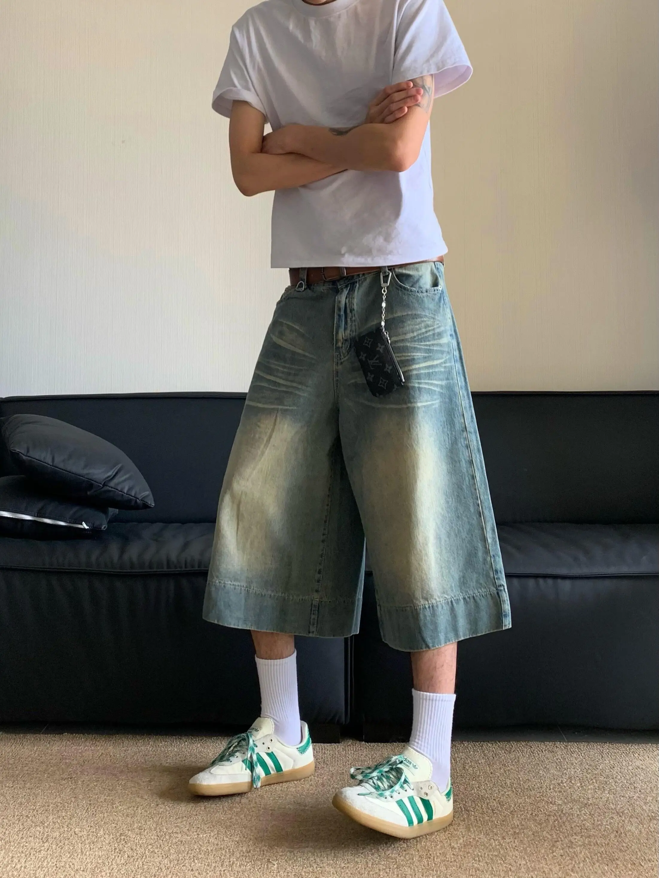 

Retro American Style Wide Leg Seven-Foot Jeans Men's Casual Loose Straight Workwear Shorts Trendy Youth Summer Jeans