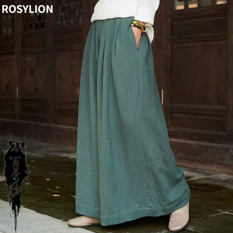 

Spring Cotton Linen Women Original Soft Wide Leg Pants Vintage Loose Skirt Pants Chinese Style Elastic Waist Ethnic Trousers Hot
