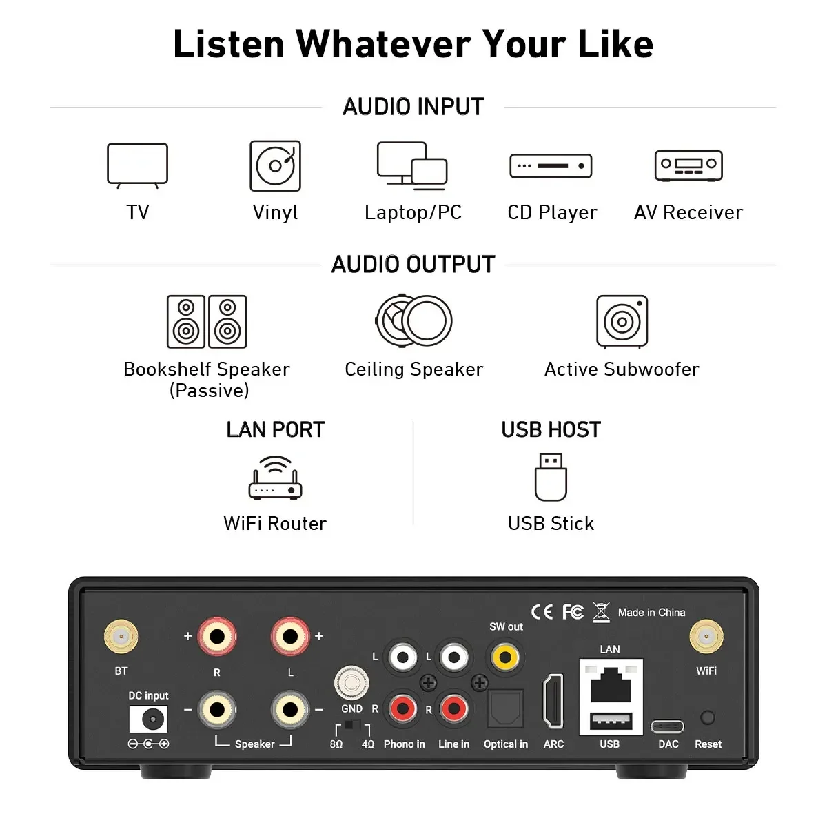 H50 Arylic Airplay2 inalámbrico 50Wx2 estéreo HiFi amplificador ES9023P Sabre DAC QCC3040 Bluetooth 5,2 aptX HD funciona con Alexa