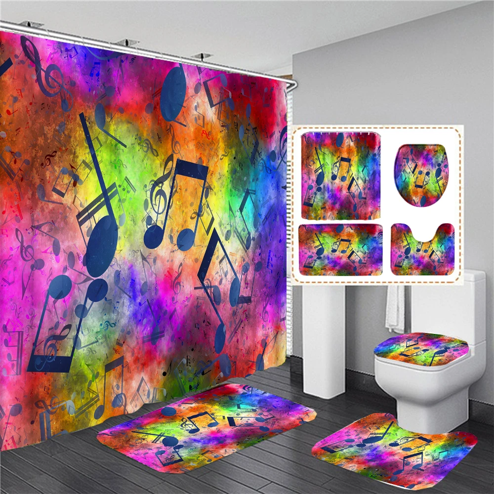 Musical Note Printed Shower Curtain Waterproof Polyester Bathroom Curtains Set Toilet Lid Cover Non-slip Mat Carpet Home Decor