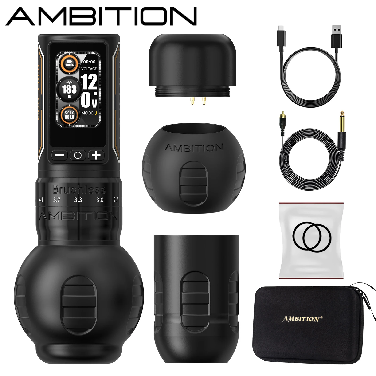 

Ambition Ninja Max 280 Wireless Tattoo Machine 2.4mm-4.5mm Adjustable Stroke 54mm+34mm Grip Brushless Motor 2400mAh Battery Pen