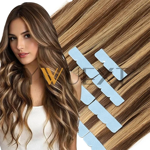 Mini cinta en extensiones de cabello humano, máquina de 12 ""-24"", cinta adhesiva de trama de piel Remy, cinta Natural negra, marrón y rubia, 10 Uds.