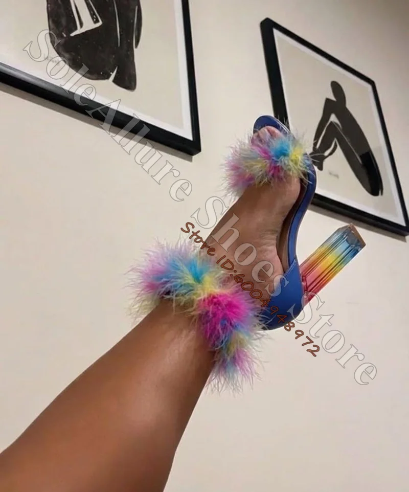 Rainbow Fluffy Feather Ankle Wrap Block Heel Sandals Patent Open Toe Gradient Transparent Heel Festival Club Party Women Sandals