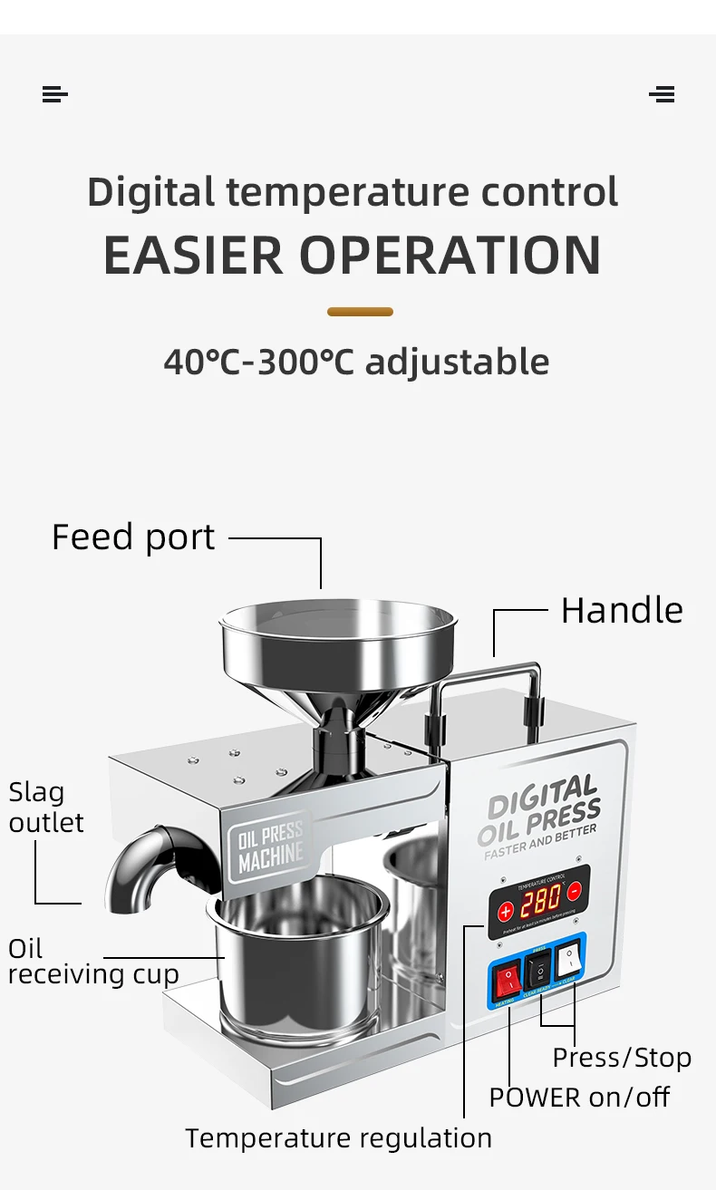 B31 Ölpresse aus Edelstahl für den Heim- und Geschäftsgebrauch, Lebensmittelqualität 304, Kalt- und Heißdoppelpresse, Sesam/Erdnuss/Kokosnuss – Detail 5