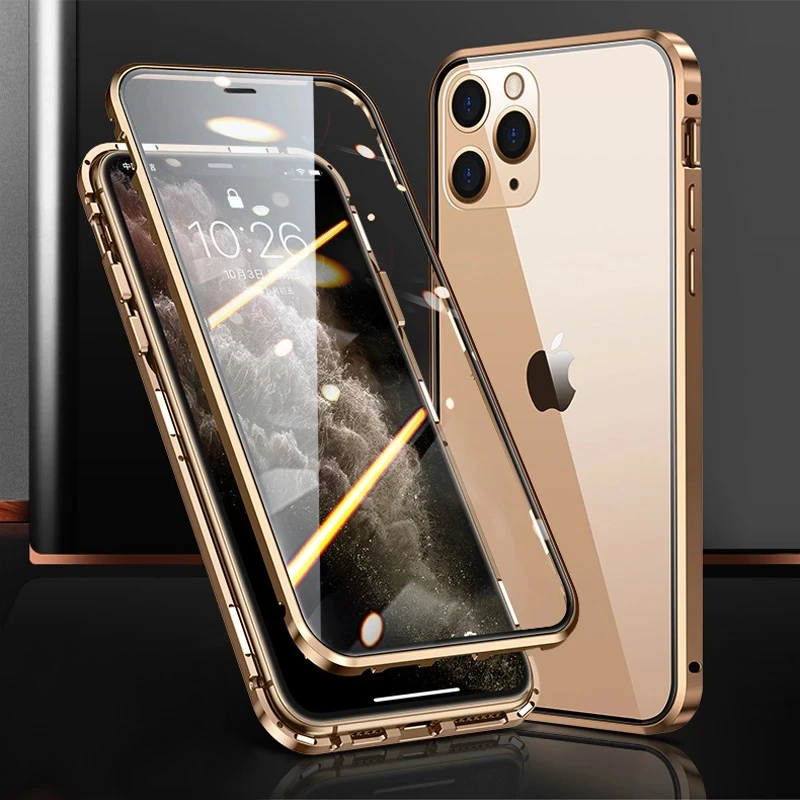 Funda de vidrio templado de doble cara de Metal magnético protección de 360 grados para iPhone 15 14 13 12 11 Pro MAX XR XS 8 7 Plus SE 2020