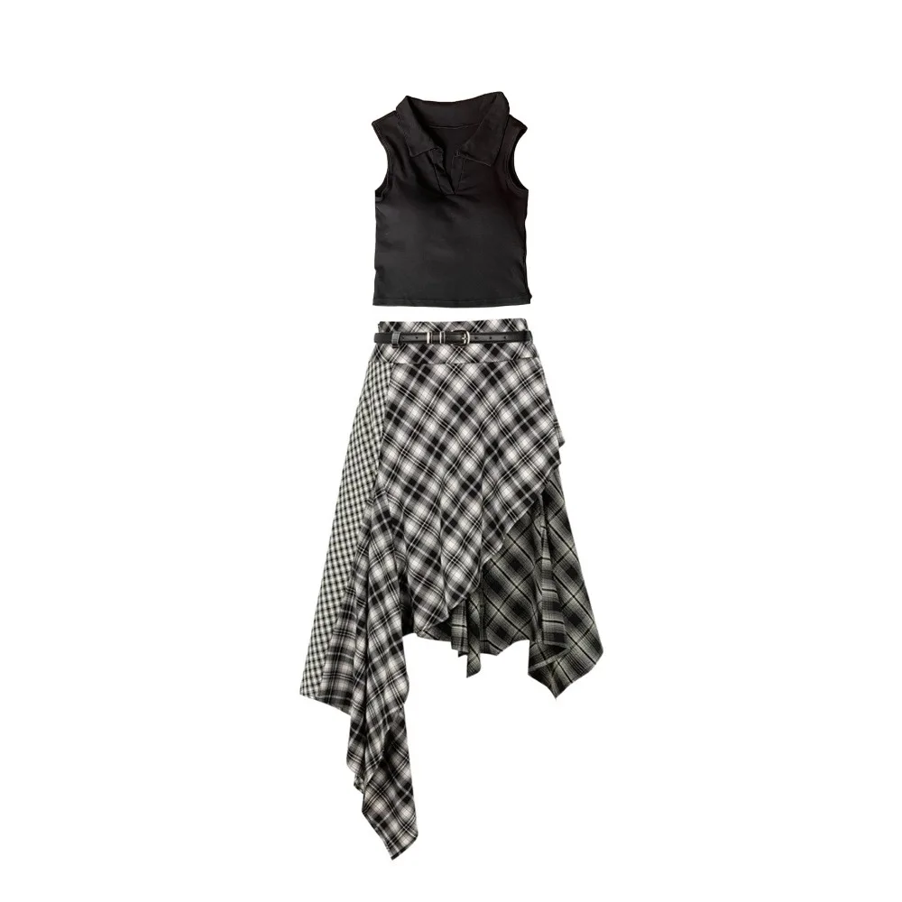

Plaid Pleated Girls Clothes Set Irregular Short Sleeve Kids Midi Skirt Set Teens y2k Outfits Children Shorts Suit Students