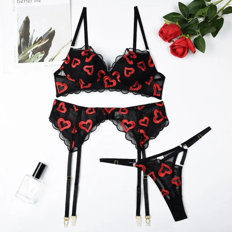 Erotic Bra Set 3PC Red Lips Embroidery Push Up Lingerie Sheer Mesh Bodysuit Garter Belt Transparent Sexy Lace Underwear Femme