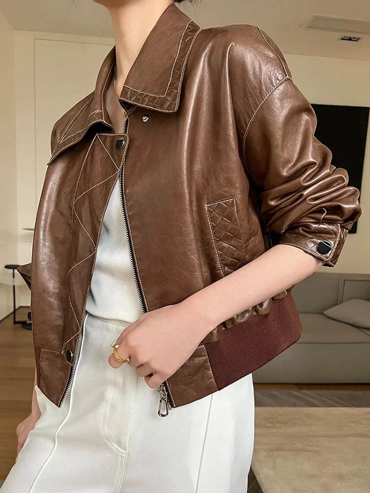 

Leather Genuine Jacket for Women Short Fashion Lapel Bomber Jackets Spring Autumn Casual Locomotive Sheepskin Coat jaqueta couro