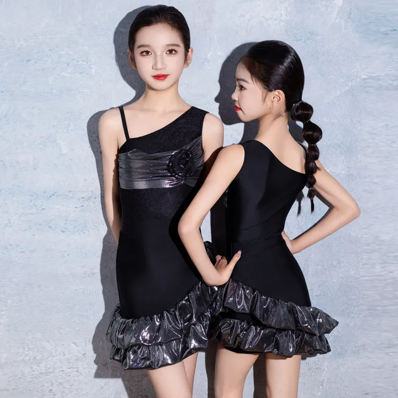 

Летний комплект для латиноамериканских танцев 2026: черный/серебристый костюм без рукавов для девочек, для выступлений и тренировок, AMY3423