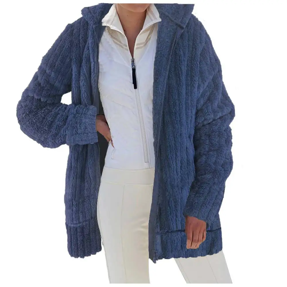 Chaqueta con capucha para mujer, abrigo grueso de felpa con bolsillo y cremallera, abrigo de lana de piel sintética para Otoño e Invierno