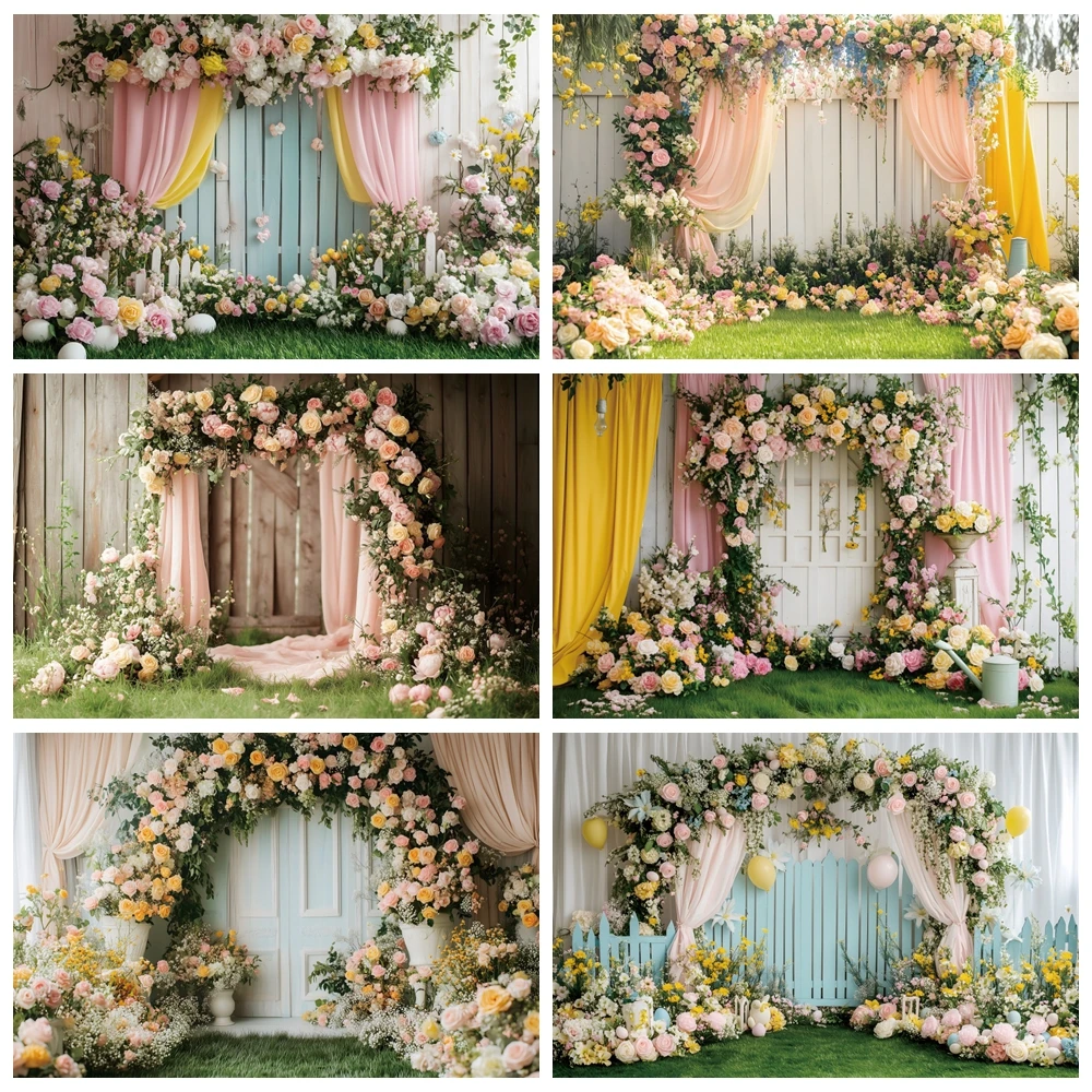 Toile de fond de mariage de fleurs de printemps, arc floral, porte verte, douche de mariée, décoration de fête de Pâques en plein air, fond de photographie