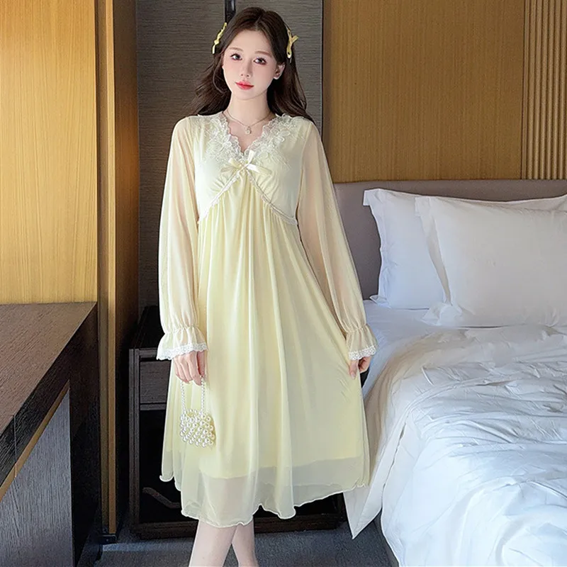 

Ночное платье из модальной сетки, женская ночная рубашка с v-образным вырезом и длинными рукавами, свободные милые ночные рубашки принцессы, весенне-осенняя домашняя одежда, платья