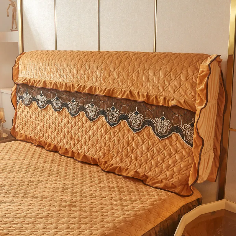 Lace Headboard Covers for Bed Plush Velvet Double Queen King Quilted Anti-collision Full Coverage Back Protector with Pocket