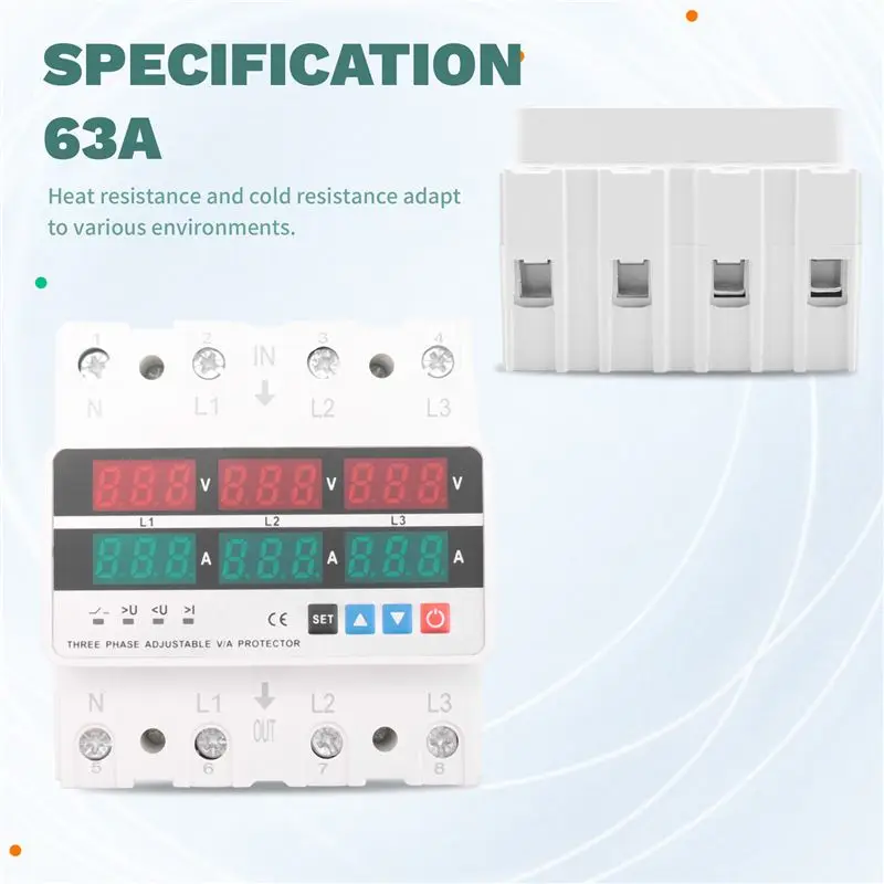 AEE6-3 Phase Adjustable Over And Under Voltage Protector Voltmeter Ammeter Monitor 3P4W Din Rail Current Limit Protection