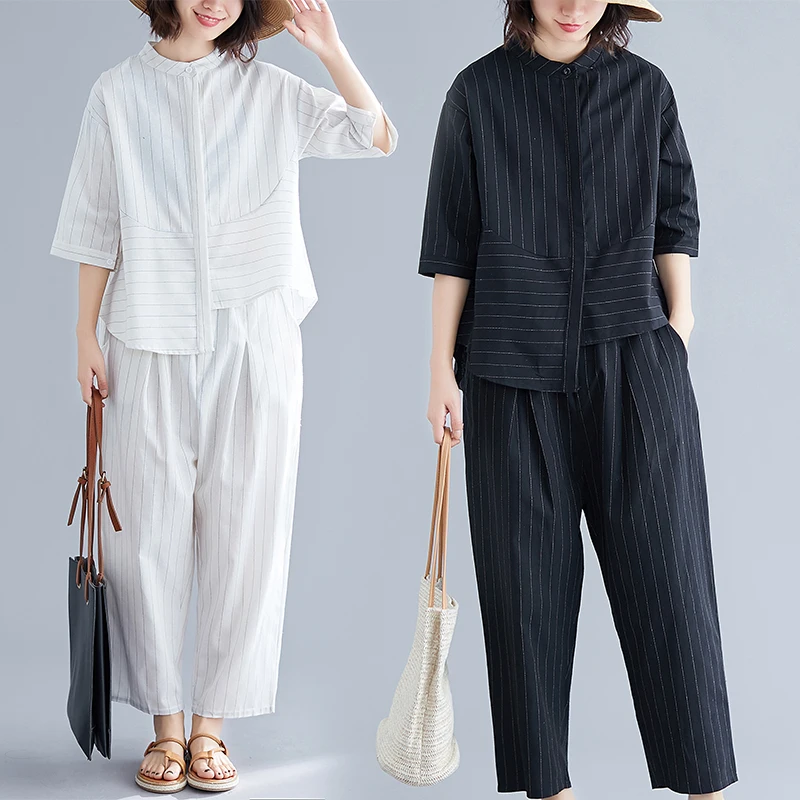 플러스 사이즈 여성용 코튼 린넨 스트라이프 또는 루즈핏 투피스 세트 여름 신상품 슬리밍 효과 트렌디 슬레
