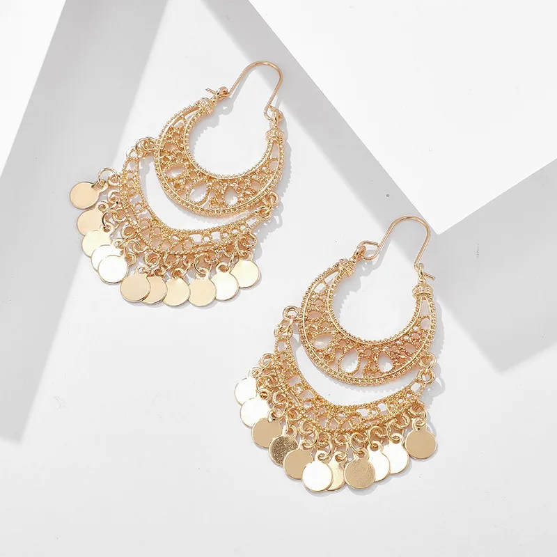 Bohemian Fashion Trendy Gold Sequin Tassel Hoop Drop Earrings Women\'s Luxury Ethnic Style Party Bridal Gift Accessories