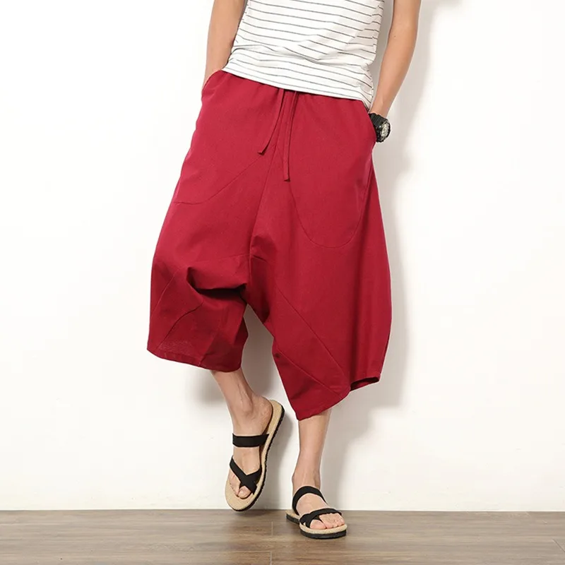 

2024 Lantern Pants Men's Japanese Loose Cotton Linen Shorts Nepal Capris Wide Leg Crotch Carrot Beach Pants Men's