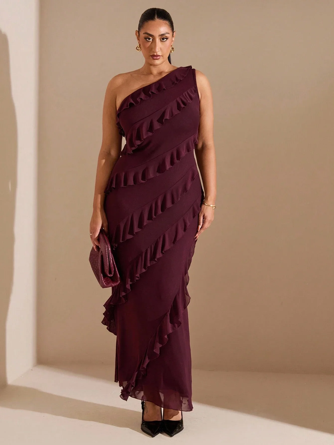 

Asymmetric Ruffle One-Shoulder Long Dress For Women Elegant Party Formal Outfit