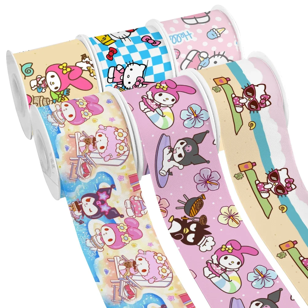 Summer Japanese Sanrio Character Cartoon Hello Kitty Printed Grosgrain Satin Ribbon for Gift Wrapping Hair Bow 50 Yards