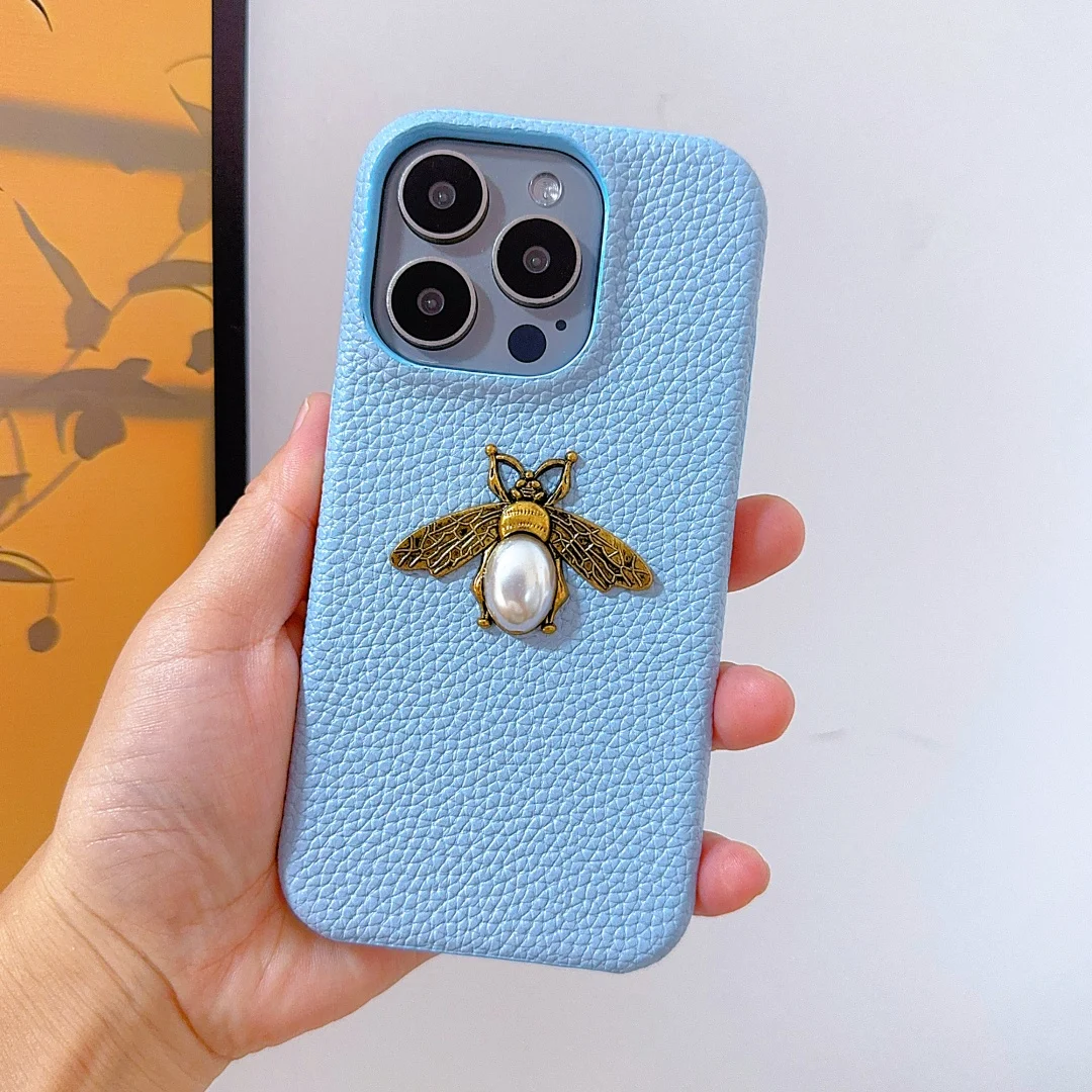 

Luxury Pearl bee Semi-enclosure pu leather Case for iPhone 17 16 15 14 Phone Cover 17 16 13 Pro MAX Hard Shockproof Back Funda